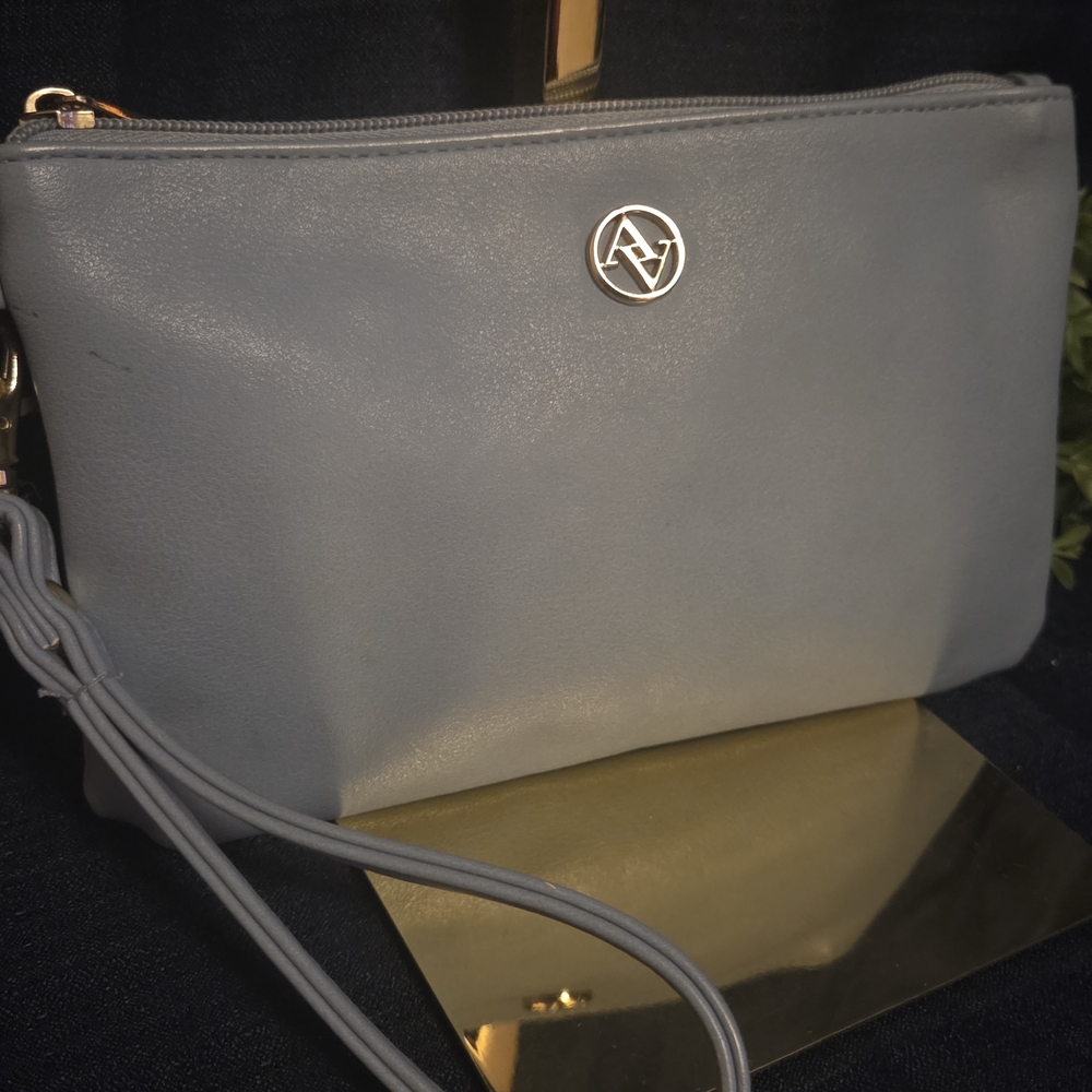 Adrienne Vittadini Light Blue Wristlet Clutch Organizer AV Logo Zip Pouch